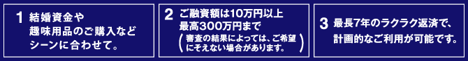 目的別ローン3つのポイント! 1.結婚資金や趣味用品のご購入などシーンに合わせて。 2.ご融資額は10万円以上最高300万円まで(審査の結果によっては、ご希望にそえない場合があります。) 3.最長7年のラクラク返済で、計画的なご利用が可能です。