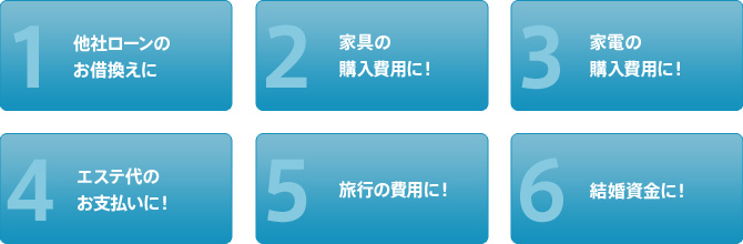 家具や家電の購入費用に！/エステ代のお支払いに！/他社ローンのお借換えに！/旅行の費用に！/結婚資金に！/生活費用に！