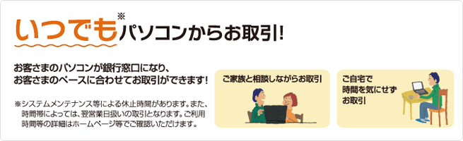 いつでもパソコンからお取引!/お客さまのパソコンが銀行窓口になり、お客さまのペースに合わせてお取引ができます!/※システムメンテナンス等による休止時間があります。また、時間帯によっては、翌日営業日扱いの取引となります。ご利用時間等の詳細はホームページ等でご確認いただけます。
