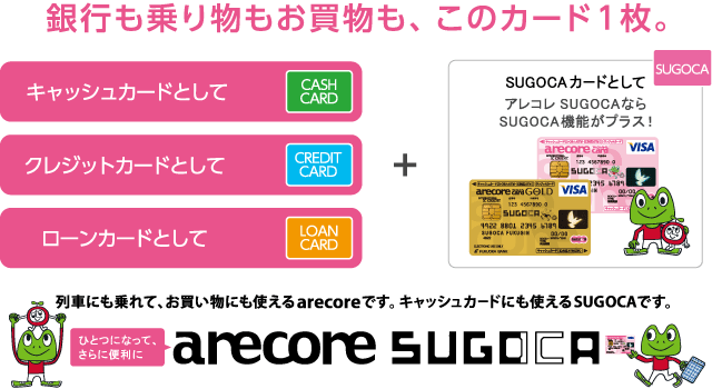 【ひとつになった！arecore SUGOCA】 列車にも乗れて、お買い物にも使えるarecoreです。キャッシュカードにも使えるSUGOCAです。