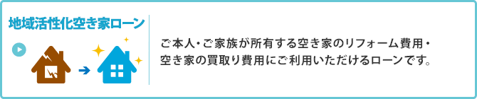 ＜地域活性化空き家ローン＞ご本人・ご家族が所有する空き家のリフォーム費用・空き家の買取り費用にご利用いただけるローンです。