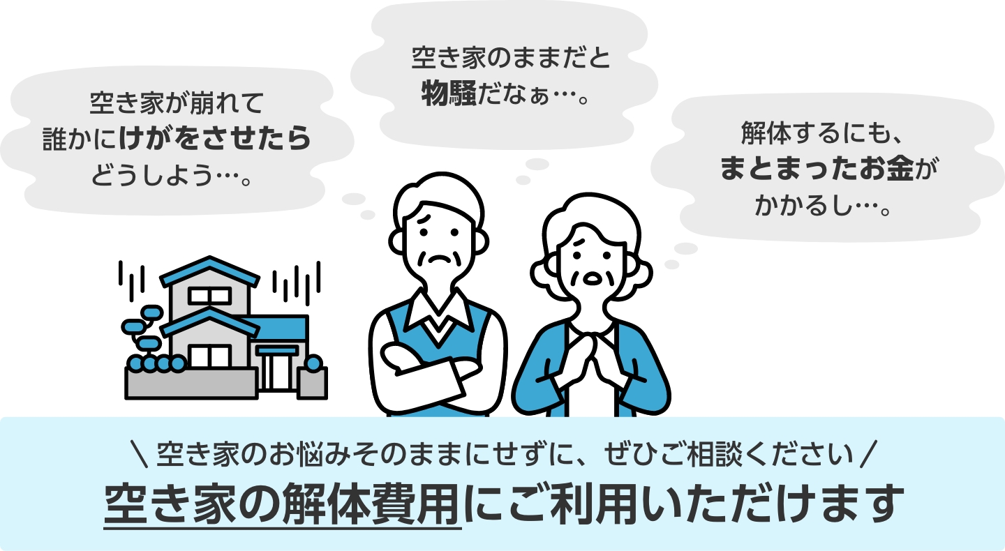 空き家のお悩みそのままにせずに、ぜひご相談ください 空き家の解体費用にご利用いただけます
