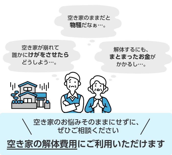 空き家のお悩みそのままにせずに、ぜひご相談ください 空き家の解体費用にご利用いただけます