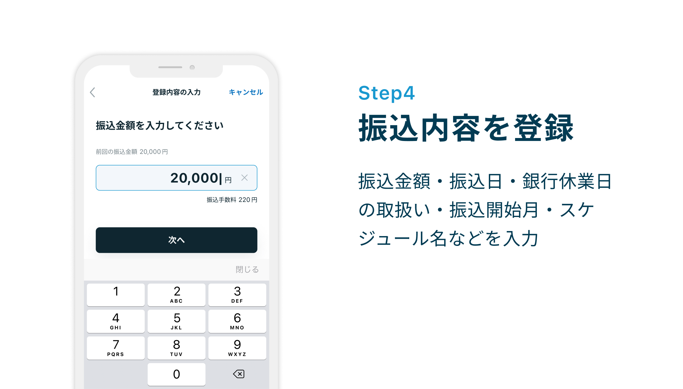 Step4 振込内容を登録 振込金額・振込日・銀行休業日の取扱い・振込開始月・スケジュール名などを入力