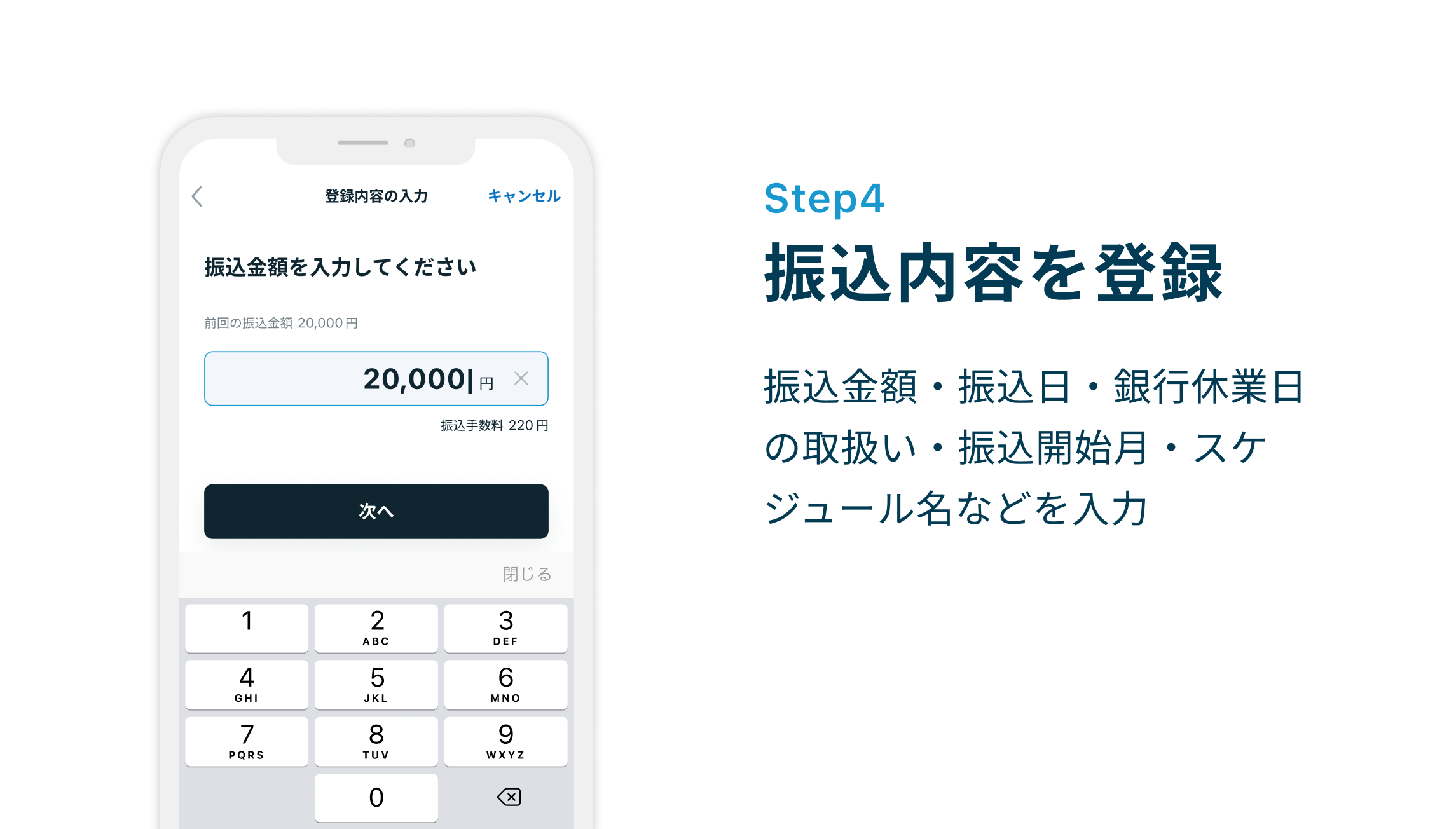 Step4 振込内容を登録 振込金額・振込日・銀行休業日の取扱い・振込開始月・スケジュール名などを入力