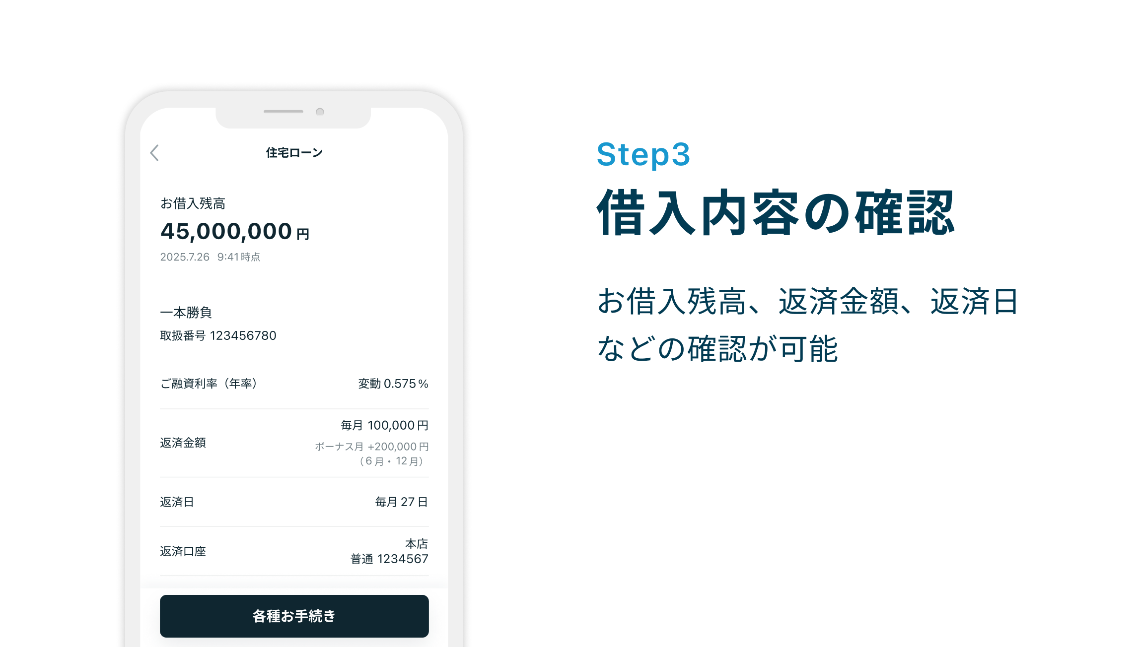 Step3 借入内容の確認 お借入残高、返済金額、返済日などの確認が可能