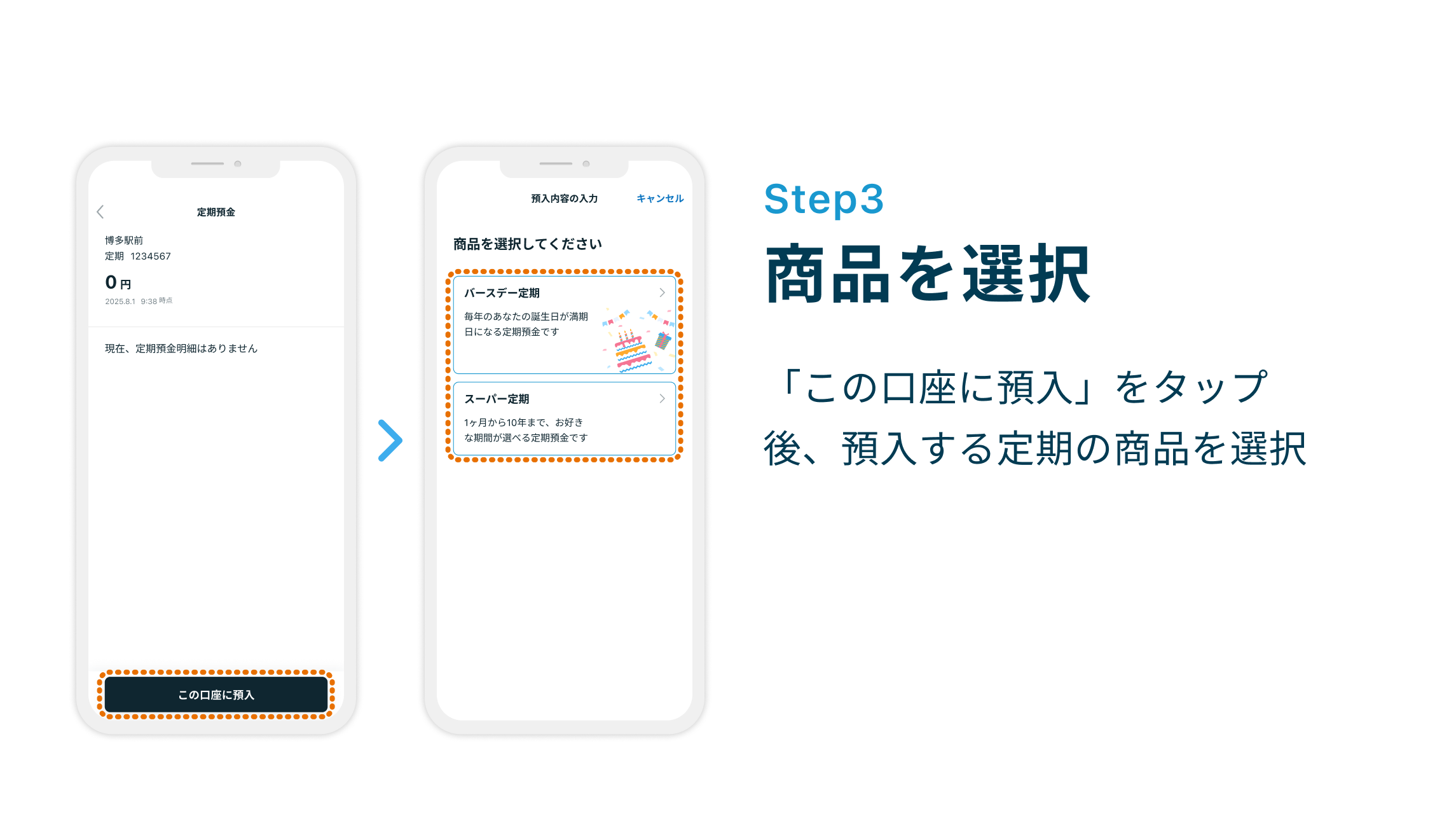 Step3 商品を選択 「この口座に預入」をタップ後、預入する定期の商品を選択