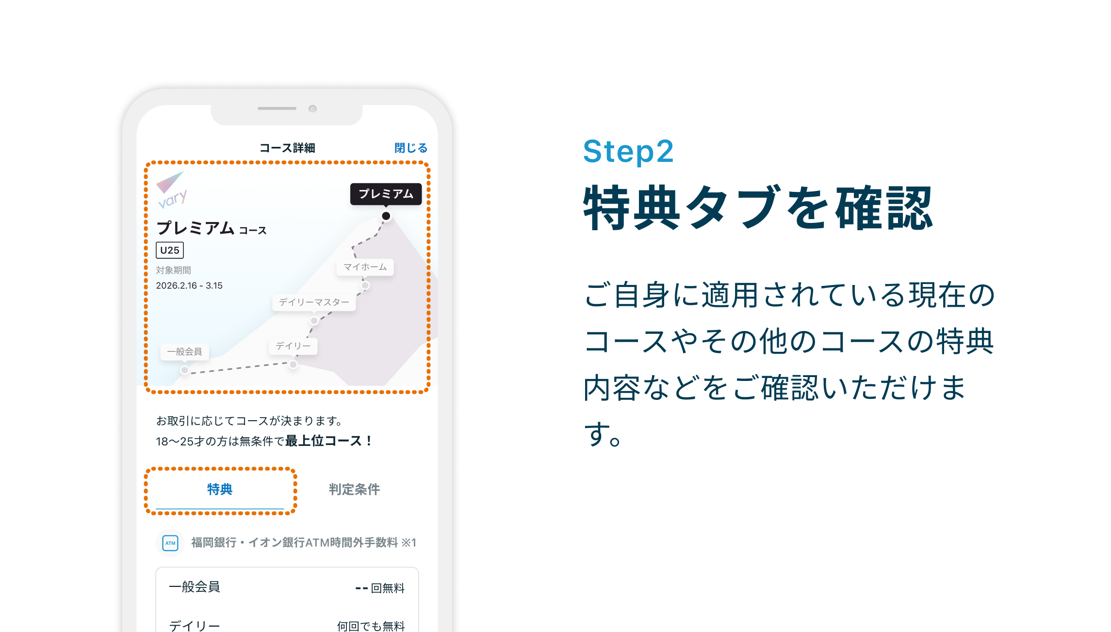 Step2 特典タブを確認 ご自身に適用されている現在のコースやその他のコースの特典内容などをご確認いただけます。