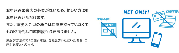 お申込みに来店の必要がないため、忙しい方にもお申込みいただけます。また、直接入金型の場合は口座を持っていなくてもOK!面倒な口座開設も必要ありません。