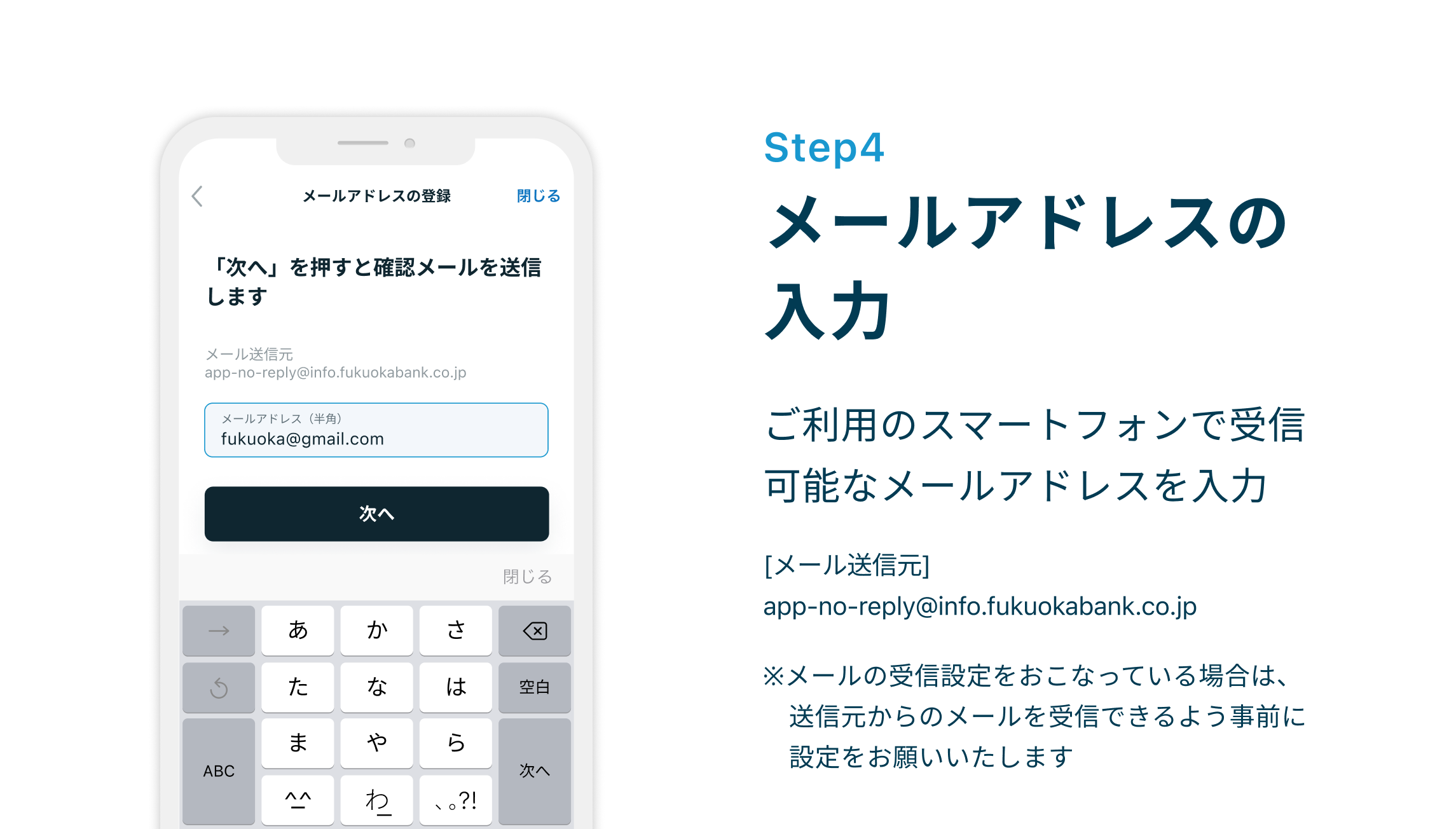 Step4 メールアドレスの入力　ご利用のスマートフォンで受信可能なメールアドレスを入力