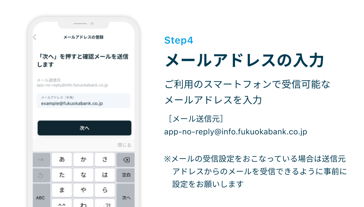 Step4 メールアドレスの入力　ご利用のスマートフォンで受信可能なメールアドレスを入力