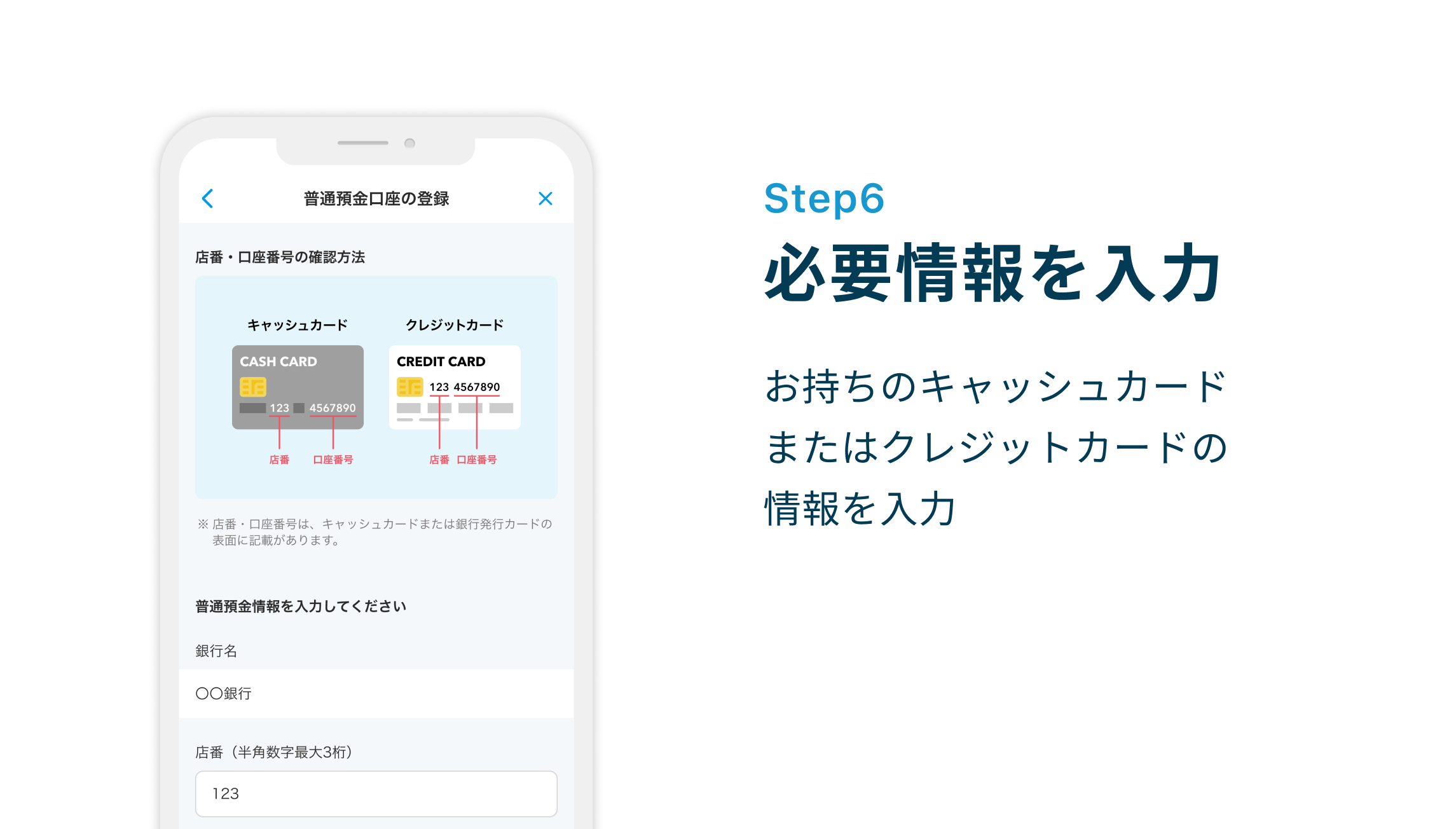 Step6 必要情報を入力　お持ちのキャッシュカードまたはクレジットカードの情報を入力