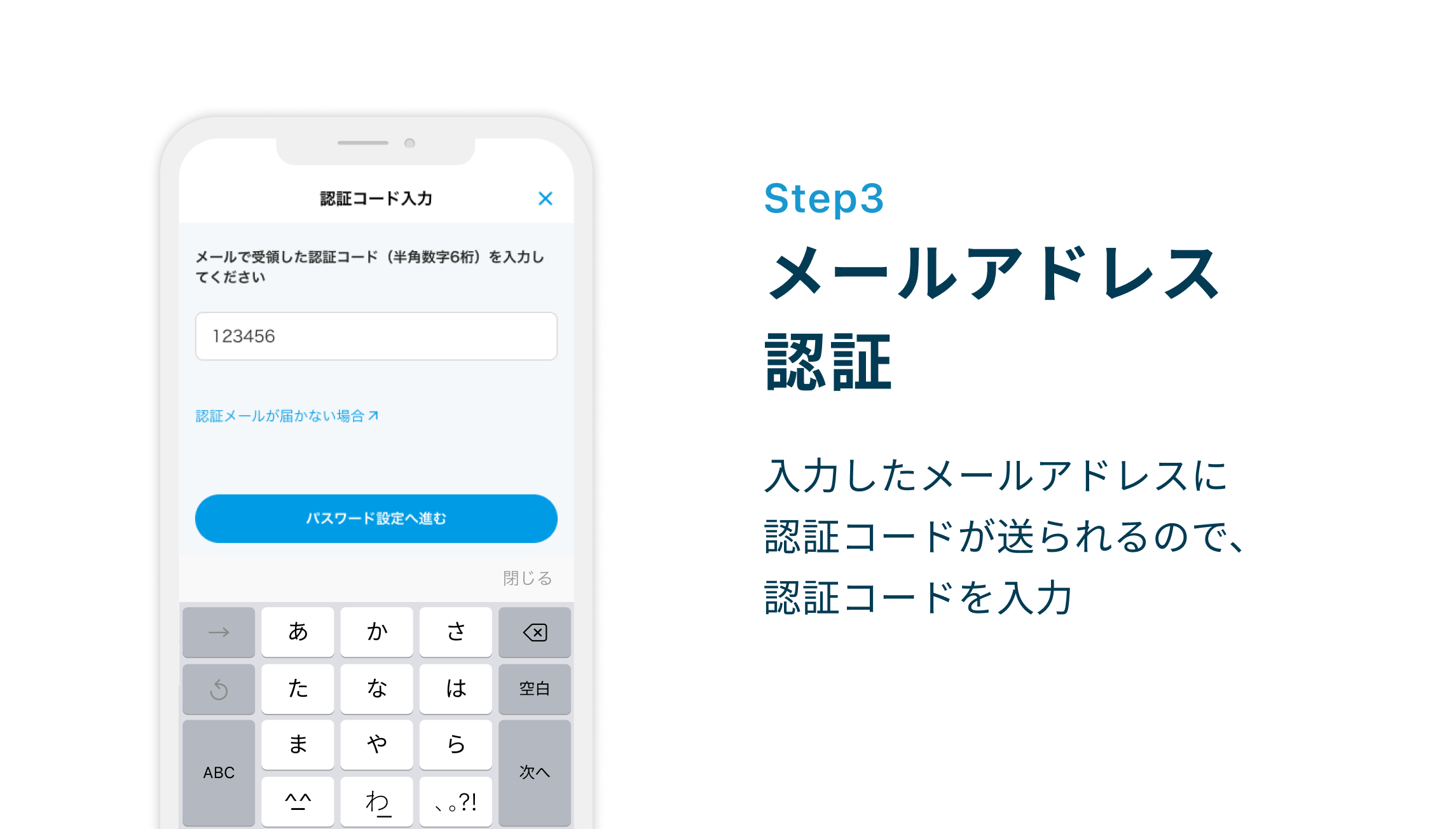 Step3 メールアドレス認証　入力したメールアドレスに認証コードが送られるので、認証コードを入力