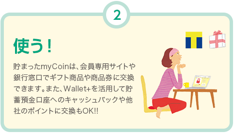 使う! 貯まったmyCoinは、会員専用サイトや銀行窓口でギフト商品や商品券に交換できます。また、Wallet+を活用して貯蓄預金口座へのキャッシュバックや他社のポイントに交換もOK!!