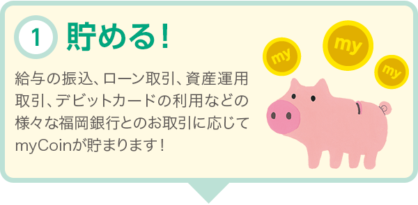 貯める！ 給与の振込、ローン取引、資産運用取引、Debit+の利用などの様々な福岡銀行とのお取引に応じてmyCoinが貯まります！