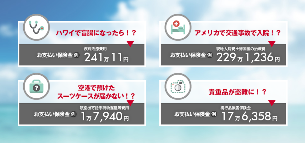 ハワイで盲腸になったら。お支払い保険金(例)241万11円。アメリカで交通事故で入院 (例)229万1,236円。空港で預けたスーツケースが届かない(例)1万7,940円。貴重品が盗難に(例)17万6,358円。