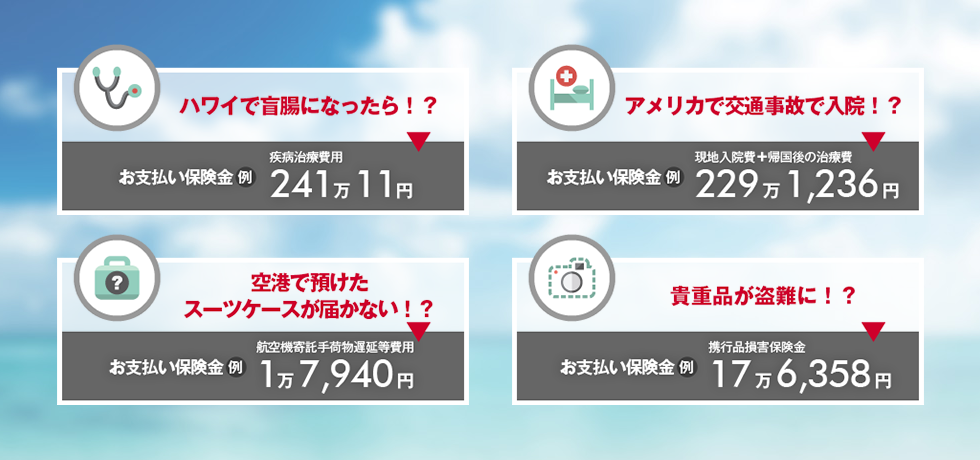 ハワイで盲腸になったら。お支払い保険金（例）241万11円。アメリカで交通事故で入院　（例）229万1,236円。空港で預けたスーツケースが届かない（例）1万7,940円。貴重品が盗難に（例）17万6,358円。