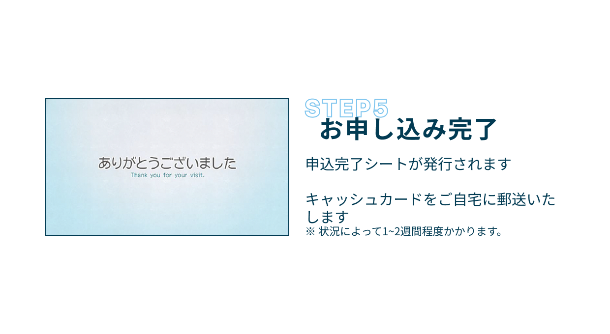 Step5 お申込み完了 申込完了シートが発行されます 　キャッシュカードをご自宅に郵送いたします。※状況によって1~2週間程度かかります。