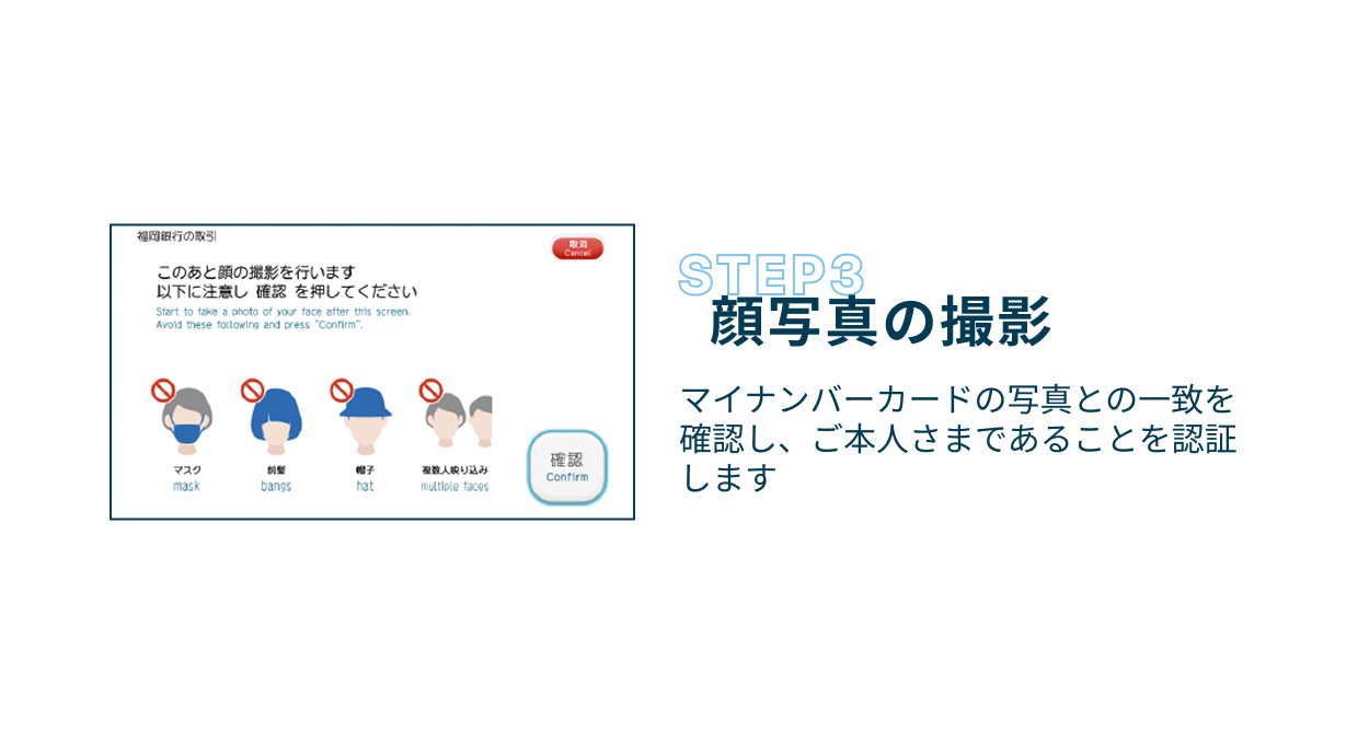 Step3 顔写真の撮影 マイナンバーカードの写真との一致を確認し、ご本人さまであるころを認証します