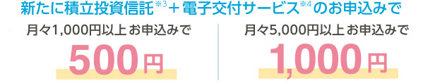 新たに積立投資信託※3+電子交付サービス※4 のお申込みで月々1,000円以上お申込みで 500円 | 月々5,000円以上のお申込みで1,000円