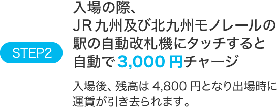 STEP2入場の際、JR九州および北九州モノレールの駅の自動改札機にタッチすると自動で3,000円チャージ入場後、残高は4,800円となり出場時に運賃が引き去られます。