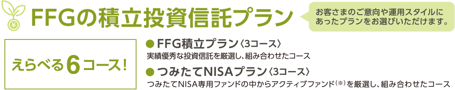 【FFGの積立投資信託プラン】お客さまのご意向や運用スタイルにあったプランをお選びいただけます。