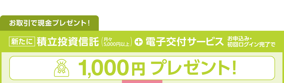 お取引で現金プレゼント！新たに積立投資信託（月々5,000円以上）+電子交付サービスお申し込み・ログイン完了で1,000円プレゼント！