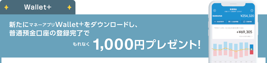 Wallet+：新たにマネーアプリWallet+をダウンロードし、普通預金口座の登録完了でもれなく1,000円プレゼント