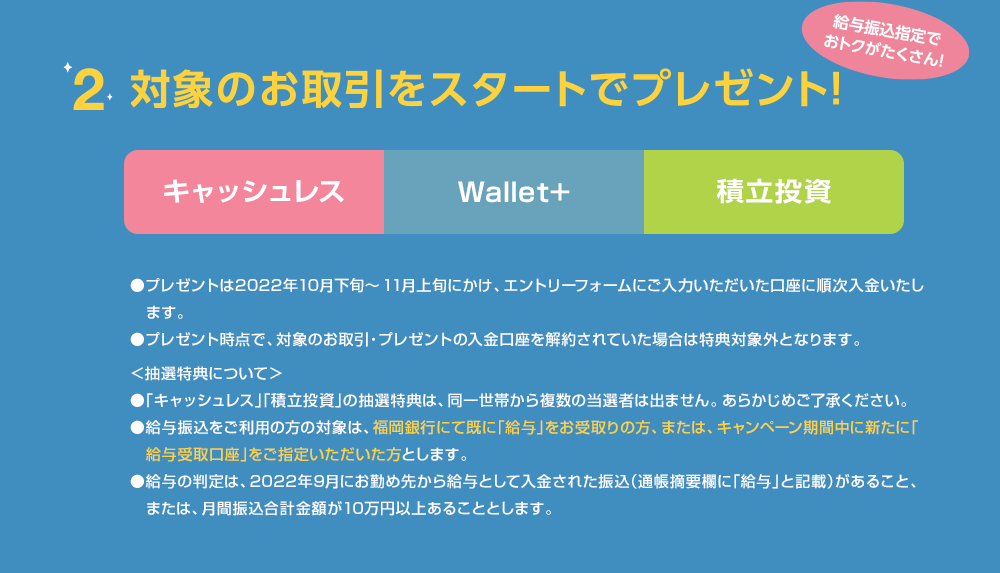 2.対象のお取引をスタートでプレゼント！[キャッシュレス]+[Wallet+]+[積立投資]●給与振込の判定は、2022年7月4日から9月30日までにお勤め先から給与として入金された振込（通帳摘要欄に「給与」と記載）がある方、または、月間振込合計金額が10万円以上ある方とします。●キャンペーン期間中に、新たに「給与受取口座」をご指定いただいた方も給与振込先と判定します。●プレゼントは2022年10月下旬～11月上旬にかけ、エントリーフォームにご入力いただいた口座に順次入金いたします。●プレゼント時点で、対象のお取引・プレゼントの入金口座を解約されていた場合は特典対象外となります。●「キャッシュレス」「積立投資」の抽選特典は、同一世帯から複数の当選者は出ません。あらかじめご了承ください。