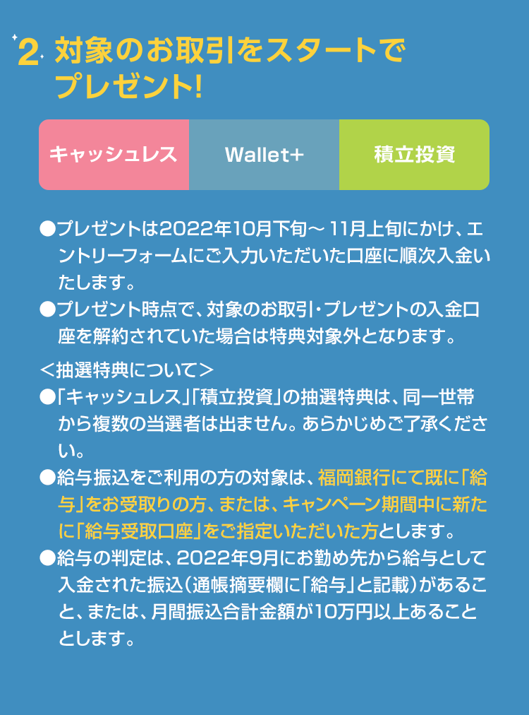 2.対象のお取引をスタートでプレゼント！[キャッシュレス]+[Wallet+]+[積立投資]●給与振込の判定は、2022年7月4日から9月30日までにお勤め先から給与として入金された振込（通帳摘要欄に「給与」と記載）がある方、または、月間振込合計金額が10万円以上ある方とします。●キャンペーン期間中に、新たに「給与受取口座」をご指定いただいた方も給与振込先と判定します。●プレゼントは2022年10月下旬～11月上旬にかけ、エントリーフォームにご入力いただいた口座に順次入金いたします。●プレゼント時点で、対象のお取引・プレゼントの入金口座を解約されていた場合は特典対象外となります。●「キャッシュレス」「積立投資」の抽選特典は、同一世帯から複数の当選者は出ません。あらかじめご了承ください。