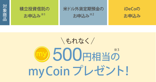積立投資信託・べドル外貨定期預金・iDeCoのお申し込みで、もれなく500円相当のmyCoinをプレゼント