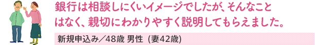 銀行は敷居が高く相談しにくいと思っていましたが、そんなことはなく、親切にわかりやすく説明してもらえました。