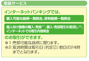取扱サービス：インターネットバンキングでは、購入可能な銘柄一覧照会、保有銘柄一覧照会、個人向け国債の購入・売却 、購入・売却取引の取消し 、インターネットでの取引内容照会