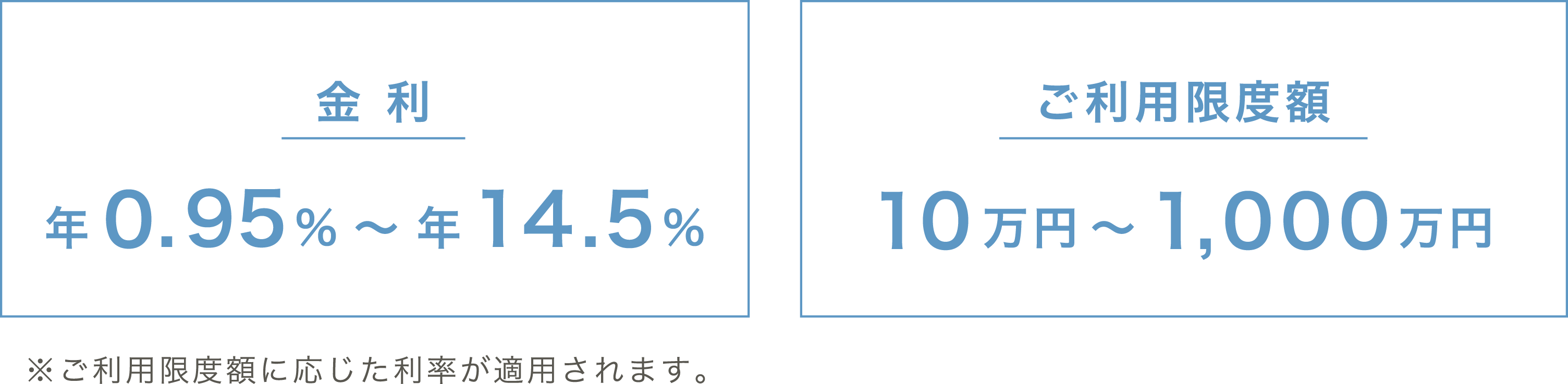 金 利：年0.95%～ 年14.5%、ご利用限度額：10万円～1,000万円、※ご利用限度額に応じた利率が適用されます。