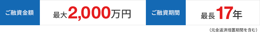 ご融資金額 最大2,000万円 ご融資期間 最長17年（元金返済措置期間を含む）