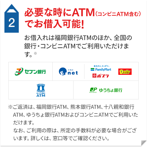 2 必要な時にATM（コンビニATM含む）でお借入可能！ お借入れは福岡銀行ATMのほか、全国の銀行・コンビニATMでご利用いただけます。※ご返済は、福岡銀行ATM、熊本銀行ATM、十八親和銀行ATM、ゆうちょ銀行ATMおよびコンビニATMでご利用いただけます。なお、ご利用の際は、所定の手数料が必要な場合がございます。詳しくは、窓口等でご確認ください。