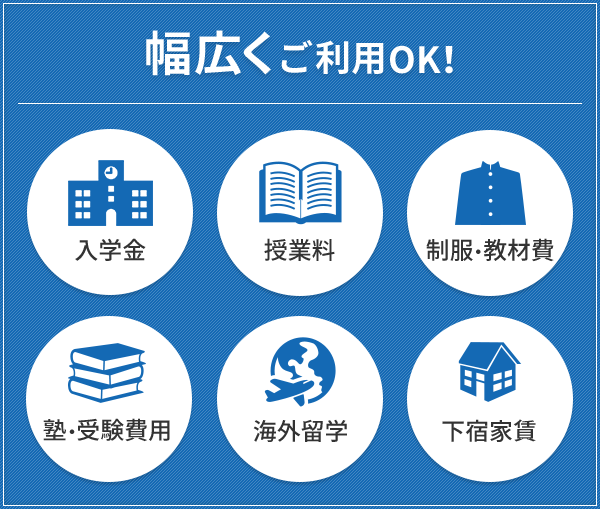 幅広くご利用OK！ 入学金 授業料 制服・教材費 塾・受験費用 海外留学 下宿家賃